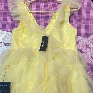Lulu's Pale Yellow Ruffled Tulle V-Neck Prom Dress